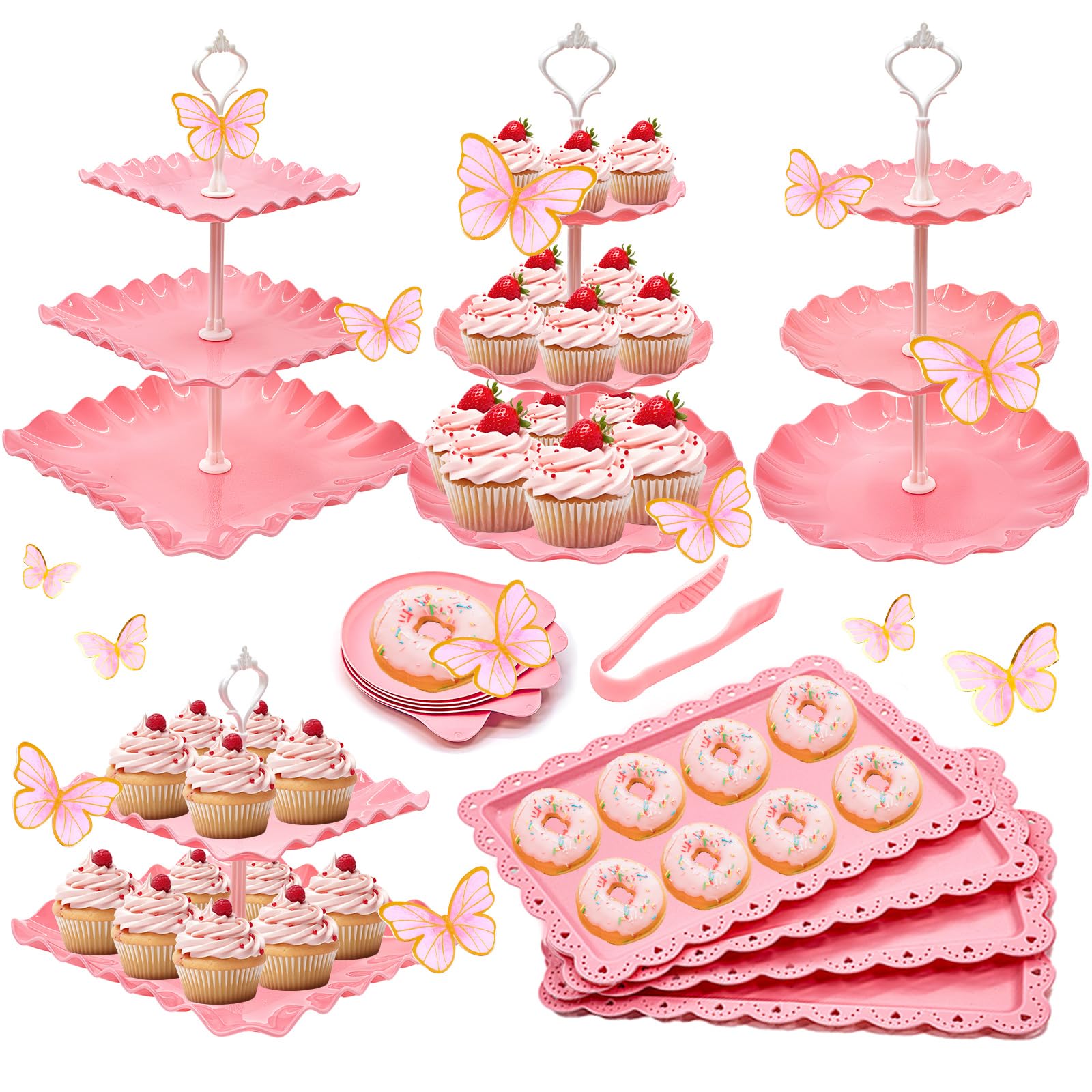 Horchen set postres rosa, torre de tres niveles para presentar pasteles con estilo.