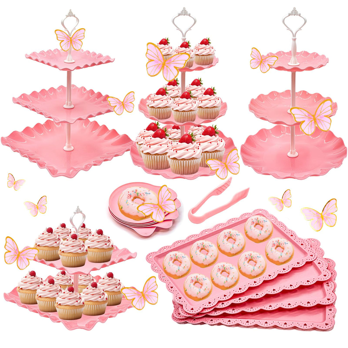 Horchen set postres rosa, torre de tres niveles para presentar pasteles con estilo.