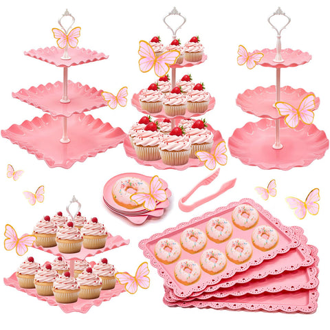 Horchen set postres rosa, torre de tres niveles para presentar pasteles con estilo.