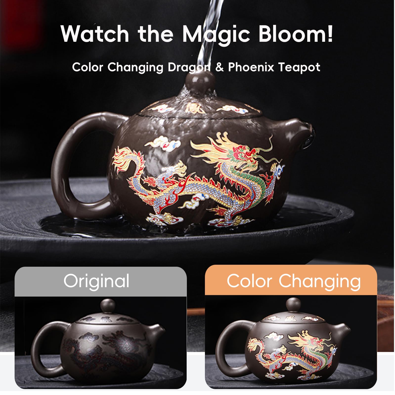 Set Hormsdar Zisha con dragon-fenix y dos tazas, ideal para compartir té.