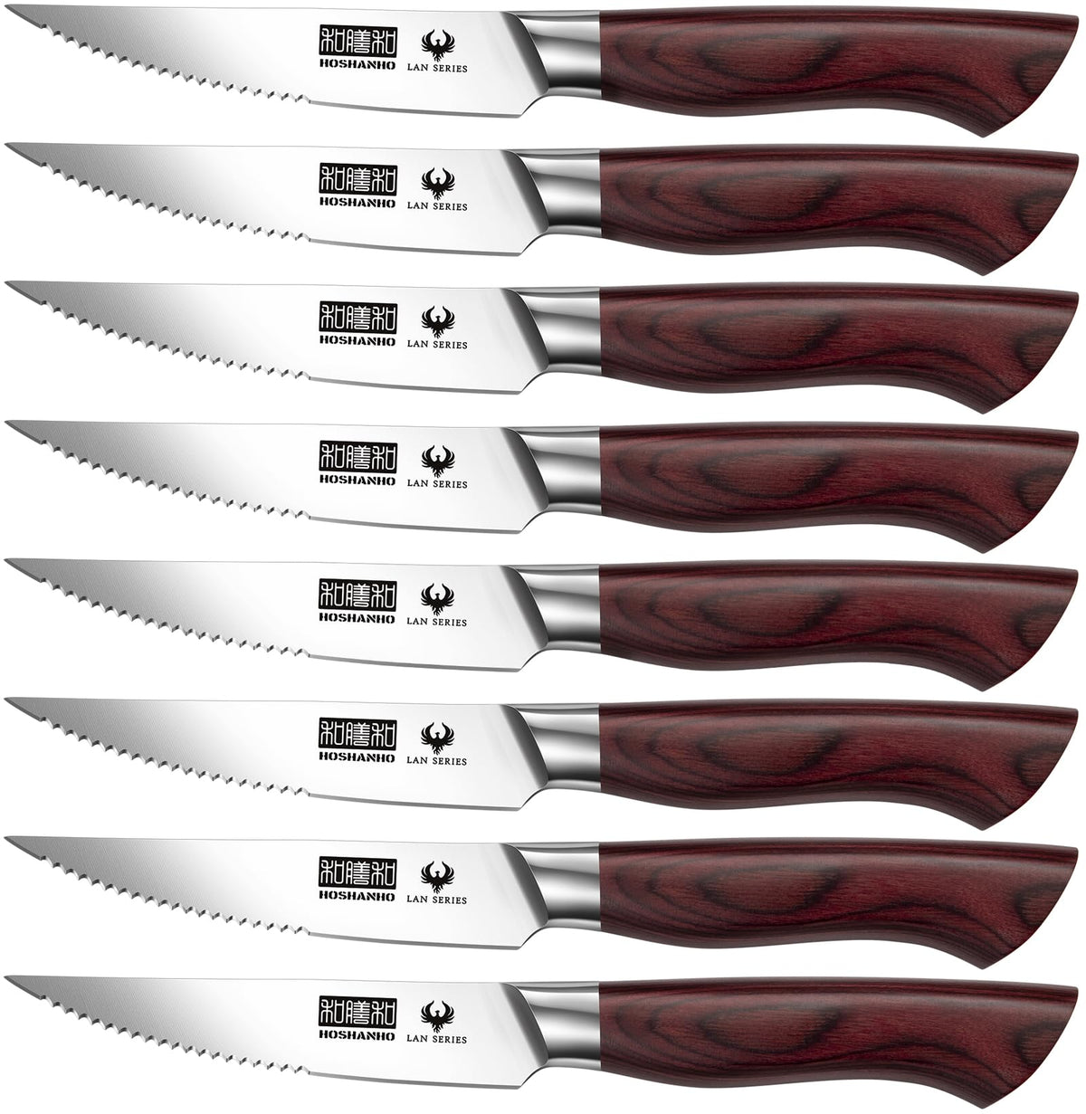 Cuchillos HOSHANHO para bistec en juego de 8 piezas en mesa