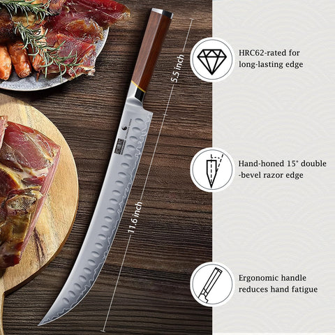 Filo afilado 62 HRC en cuchillo Brisket para cortes constantes.