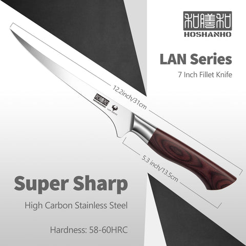 Cuchillo filetear HOSHANHO con mango de madera ergonómico para uso cómodo.