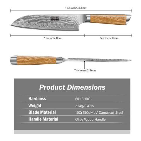 Cuchillo HOSHANHO Santoku Damascus con patrón damasco natural para deslizamientos eficientes.