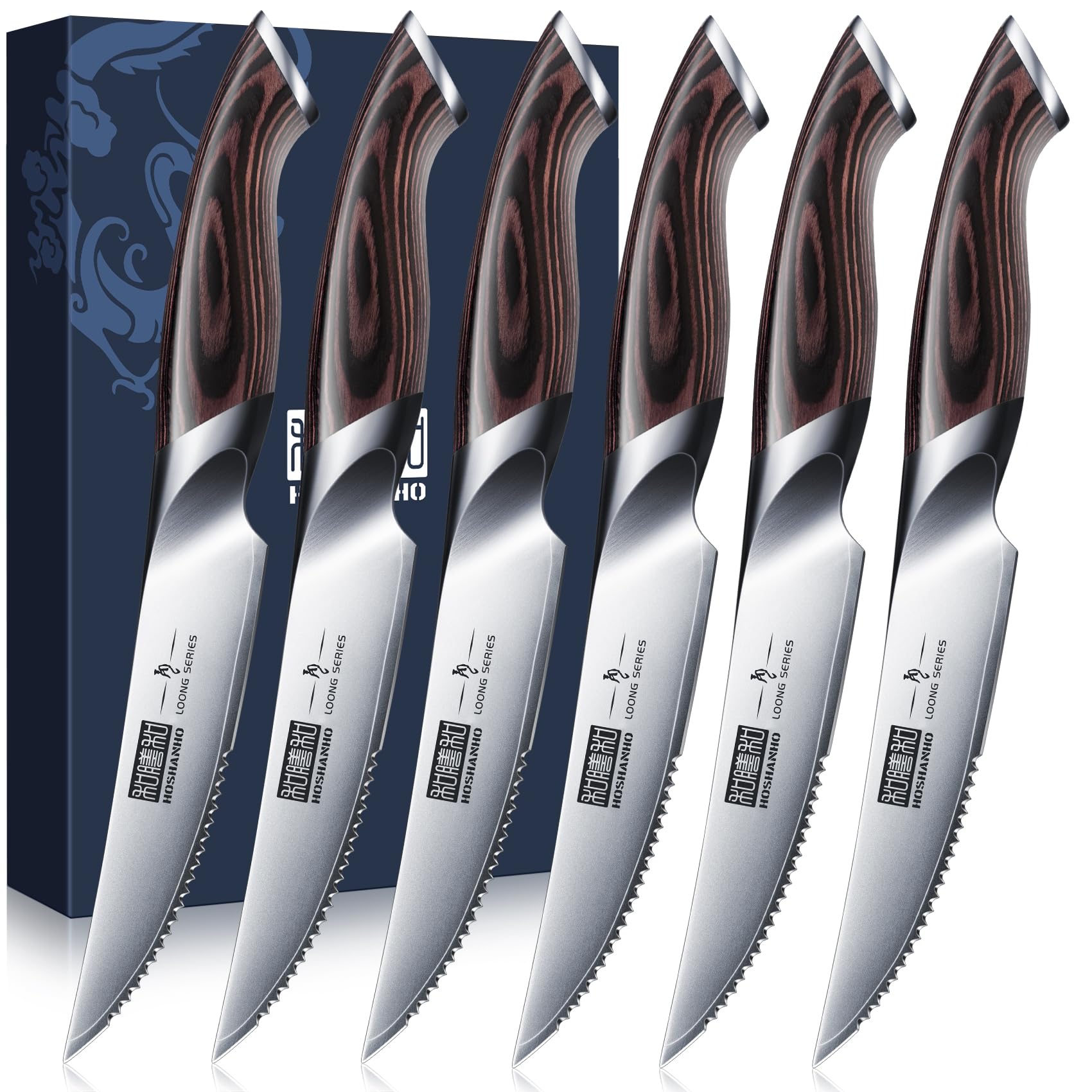 Cuchillos HOSHANHO para steak, conjunto de 6, filo serrado para cortes limpios.