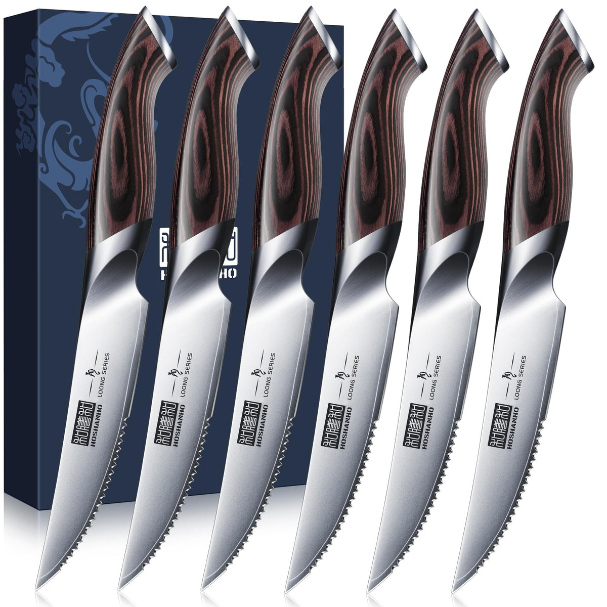 Cuchillos HOSHANHO para steak, conjunto de 6, filo serrado para cortes limpios.