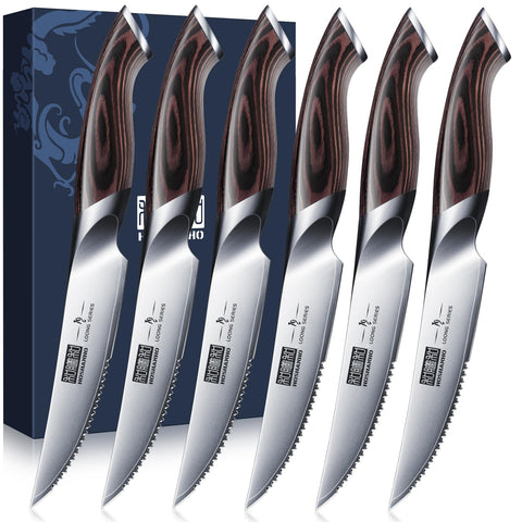 Cuchillos HOSHANHO para steak, conjunto de 6, filo serrado para cortes limpios.