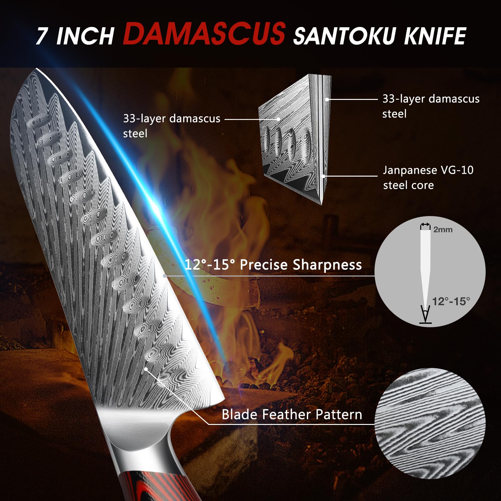 HOSHANHO Santoku damasco, filo ultra afilado para cortes limpios