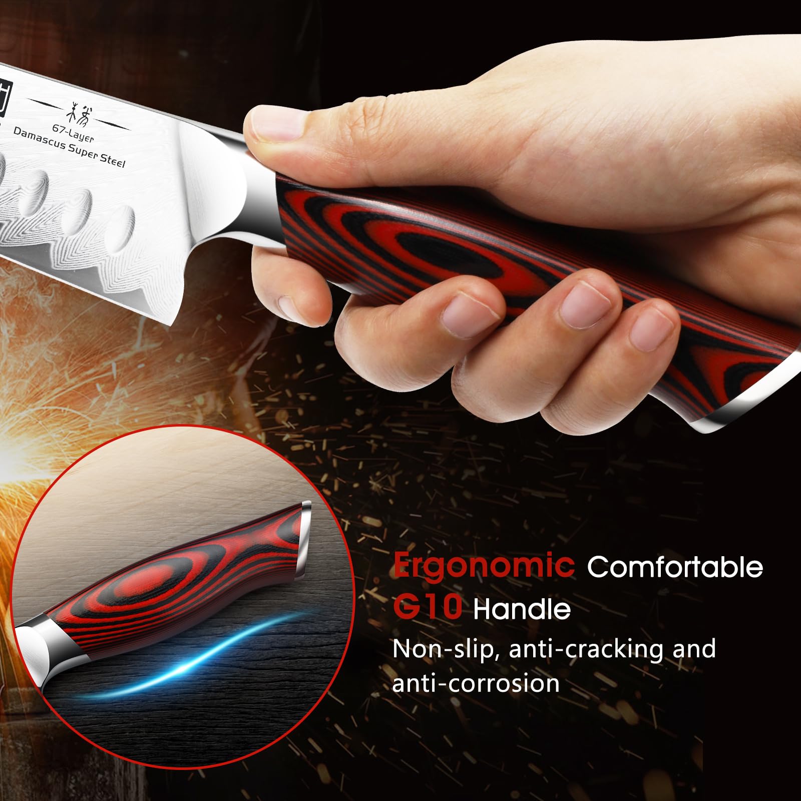 HOSHANHO Santoku damasco, borde hueco que reduce residuos y fricción