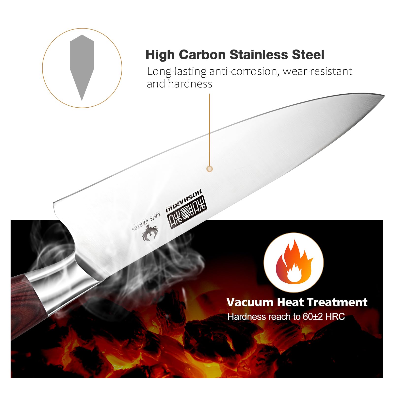 HOSHANHO mango-madera-durable: agarre cómodo que reduce fatiga al cocinar.