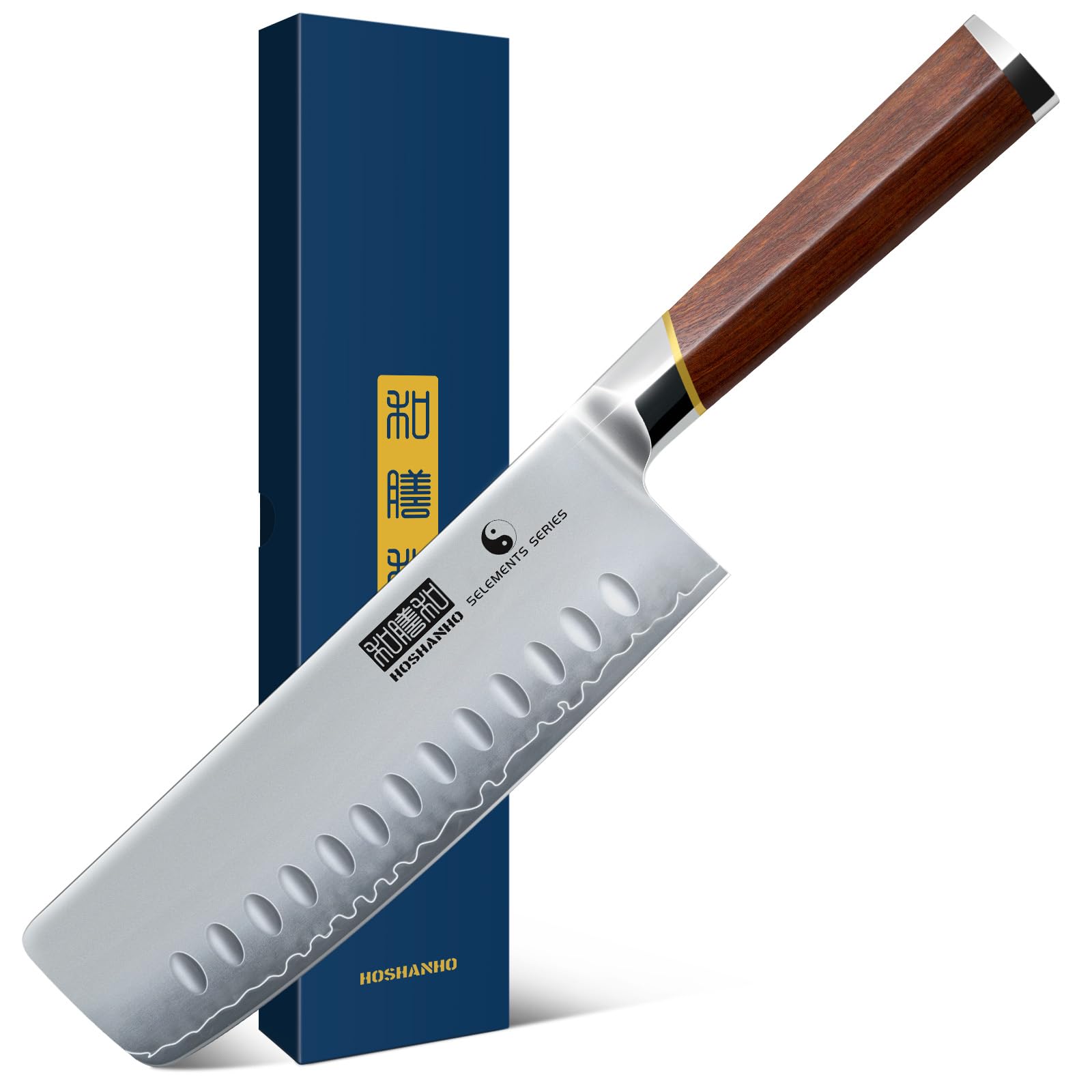 HOSHANHO Nakiri de 7 pulgadas con mango de madera roja, ideal para cortar verduras con precisión.
