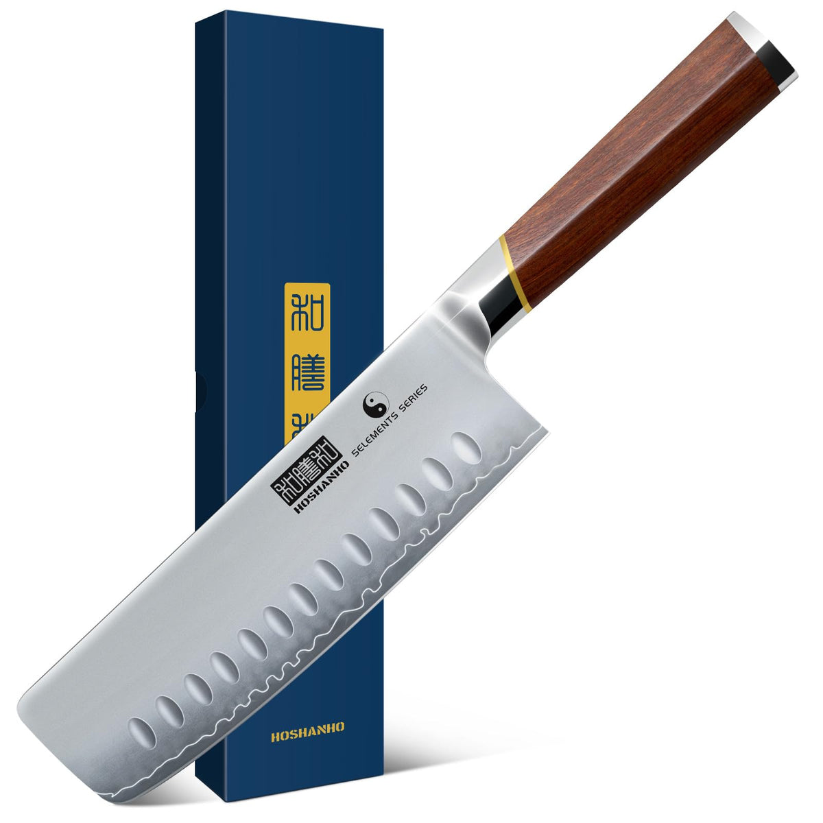 HOSHANHO Nakiri de 7 pulgadas con mango de madera roja, ideal para cortar verduras con precisión.