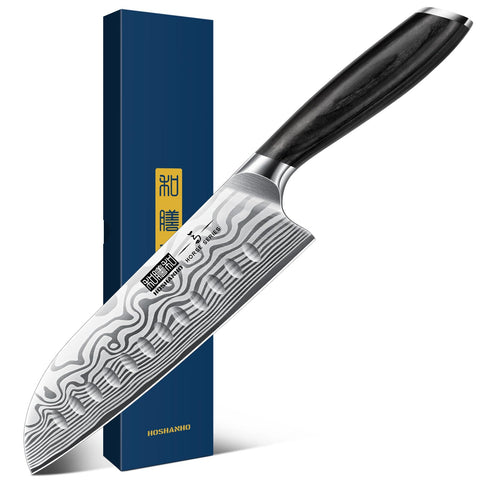 HOSHANHO Santoku 7 pulgadas, hoja afilada, cortes precisos y uniformes en la cocina.