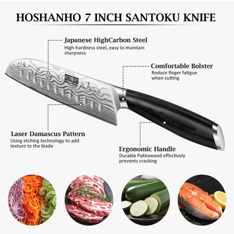 HOSHANHO Santoku 7 pulgadas, mango ergonómico para agarre cómodo durante preparaciones largas.