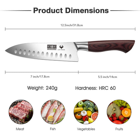 HOSHANHO Santoku: acero alto carbono, filo duradero para carnes y verduras.