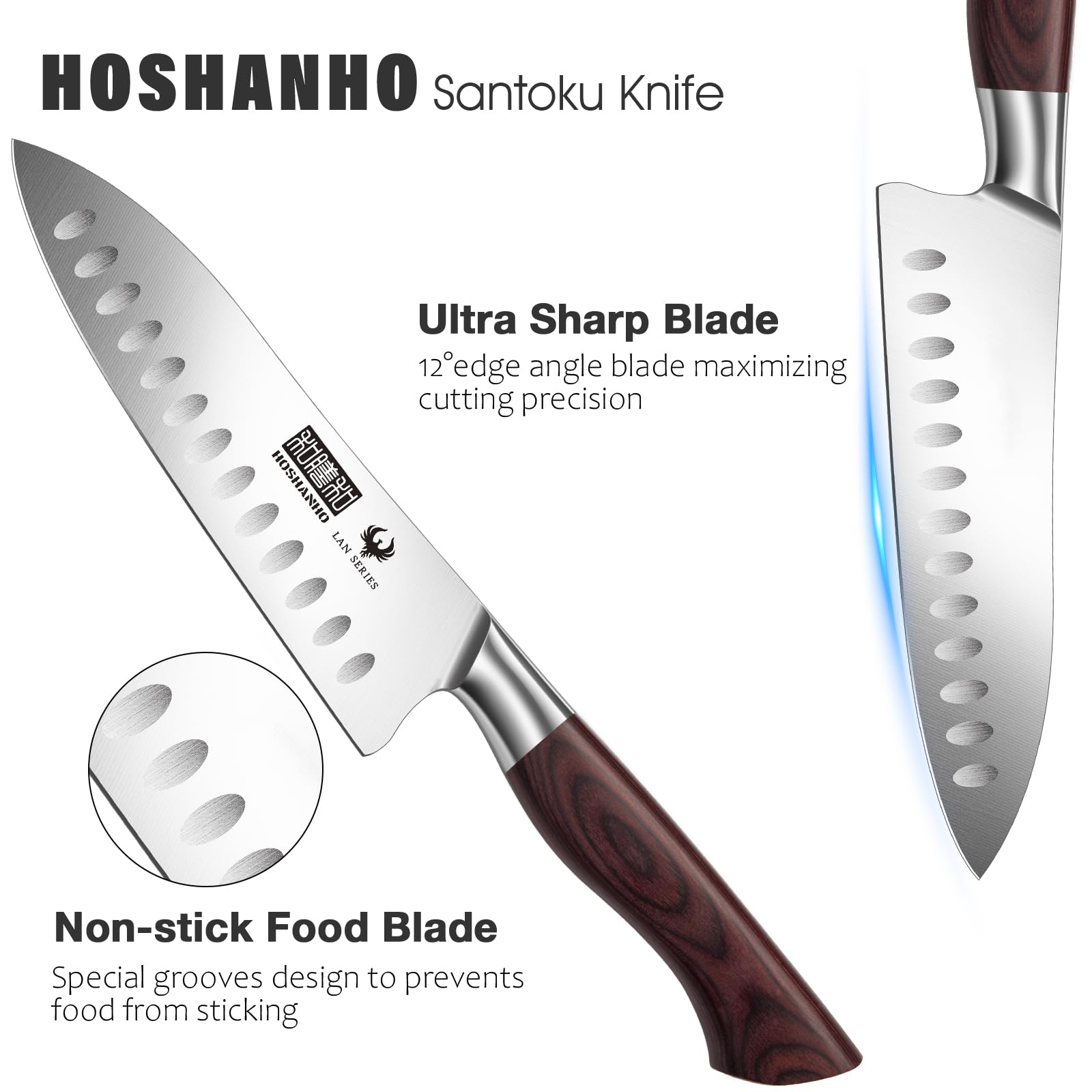 HOSHANHO Santoku: diseño de ranuras antiadherentes reduce adherencia y facilita cortar verduras.