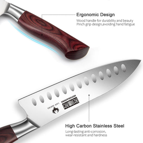 HOSHANHO Santoku: mango de madera ergonómico que ofrece agarre cómodo y control estable.