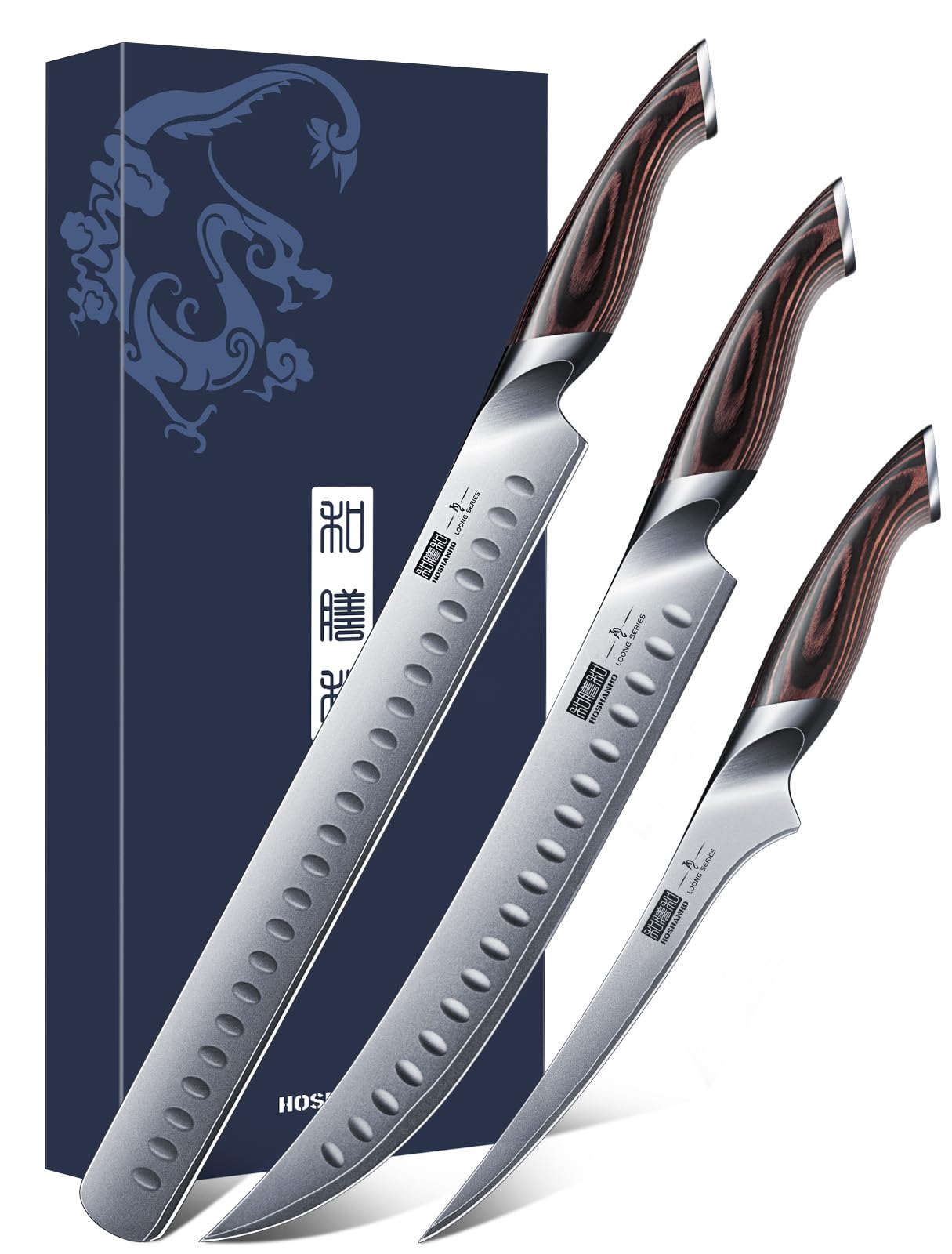 Set HOSHANHO de cuchillos para carne, tres piezas y longitudes variadas para diferentes cortes.