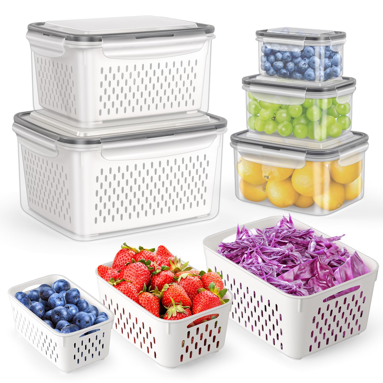 HOTEC conjunto de cinco recipientes para frigorífico con colador removible, ideal para lavado y almacenamiento.