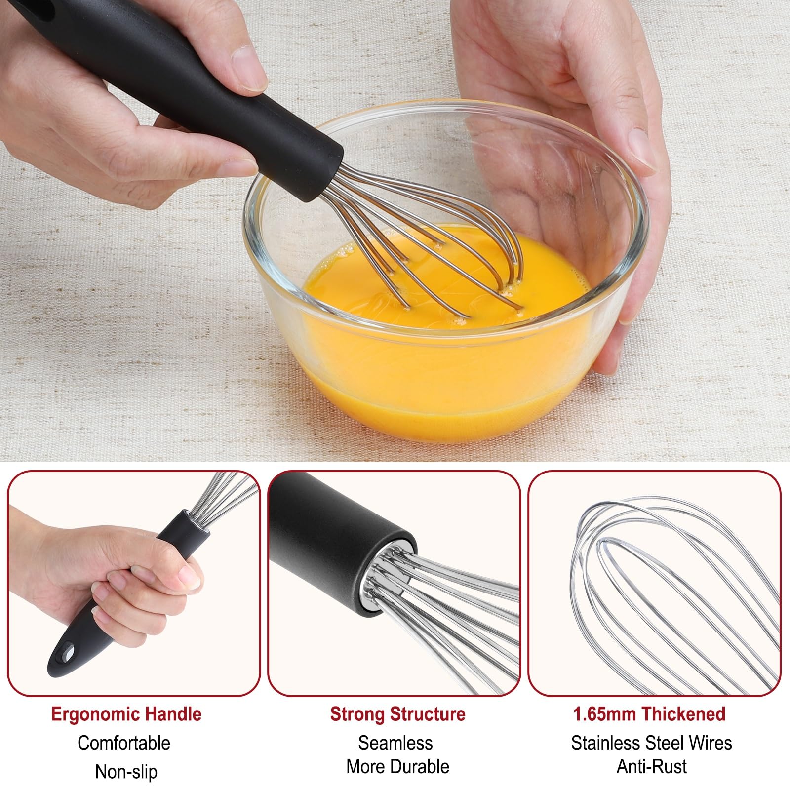 HOTEC batidor con mango ergonómico antideslizante para agarre cómodo durante batidos prolongados.