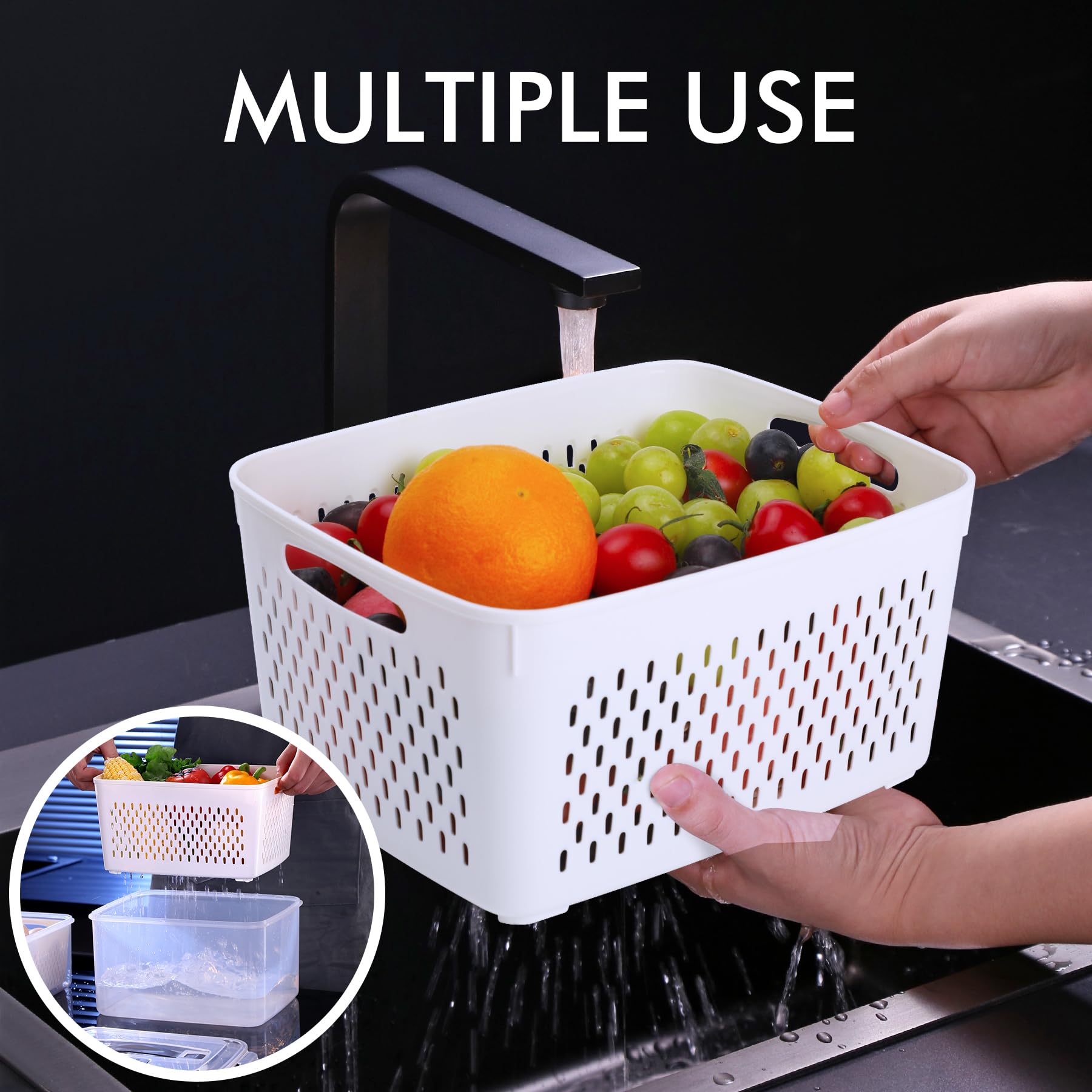 Conjunto HOTEC con cesta de drenaje integrada para lavar frutas y verduras.