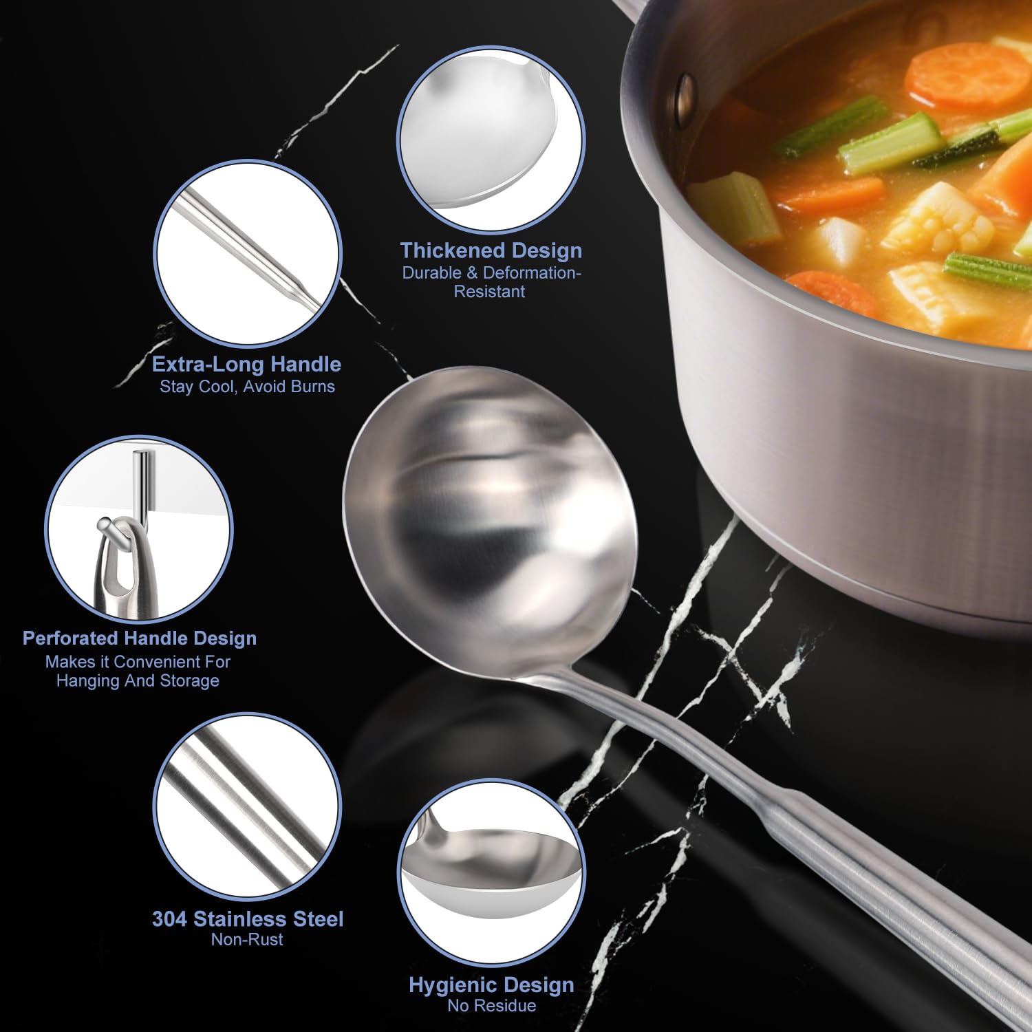 Cucharón HOTEC con mango ergonómico y agujero para colgar, cómodo de usar.