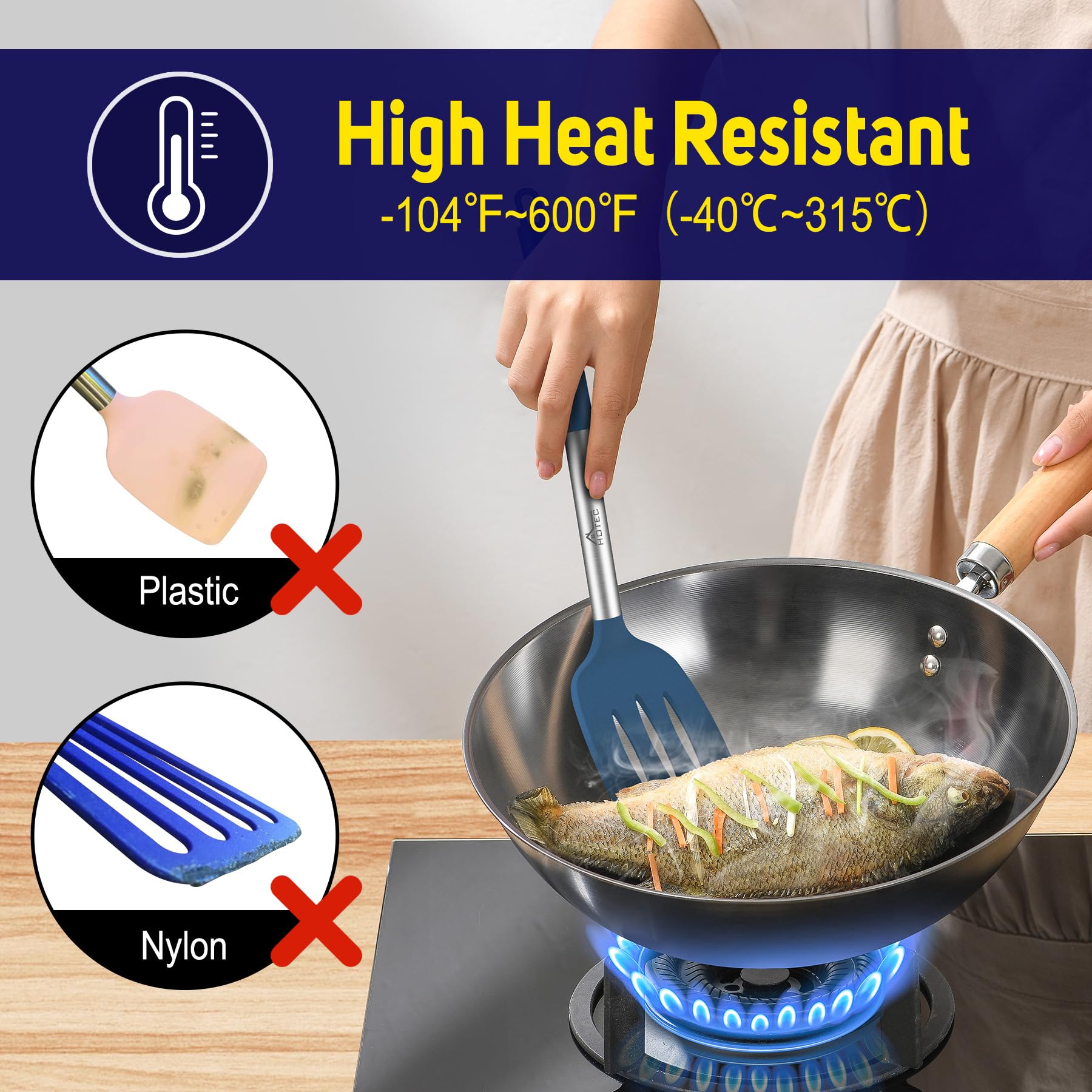 HOTEC espátulas silicona lavavajillas, limpieza fácil tras cocinar.