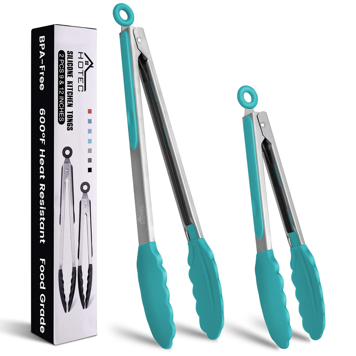 Pinzas HOTEC de acero inoxidable con punta de silicona, 9 pulgadas, ideales para voltear sin rayar.