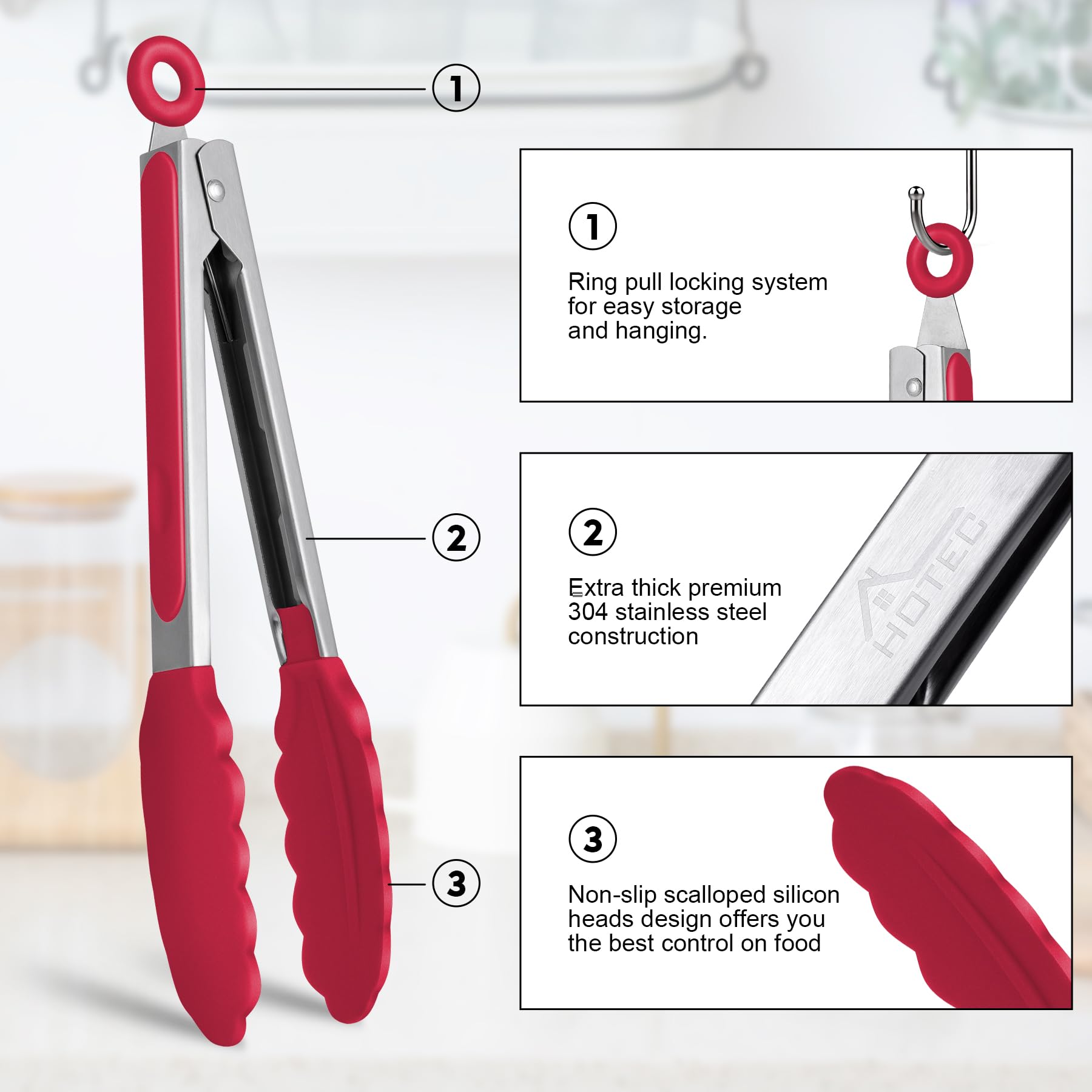 Pinzas HOTEC con mango de silicona rojo y agarre ergonómico de 12 pulgadas