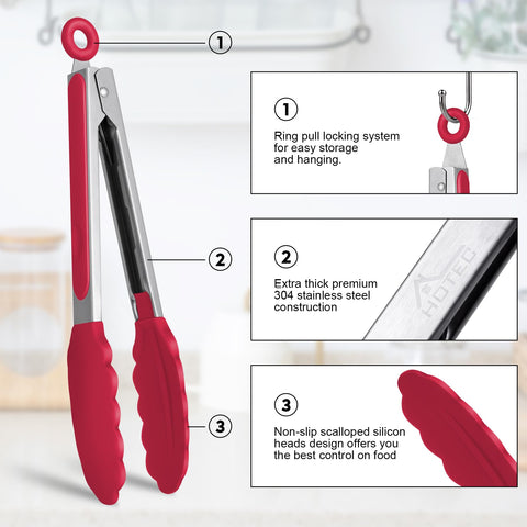 Pinzas HOTEC con mango de silicona rojo y agarre ergonómico de 12 pulgadas