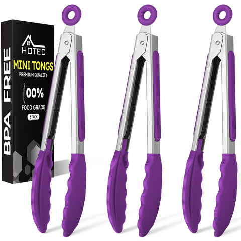 Pinzas HOTEC moradas de 7 pulgadas para servir ensaladas con agarre seguro.