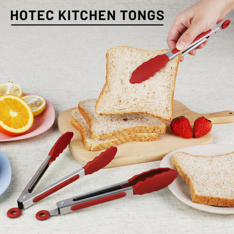 Pinzas HOTEC para buffet y presentación de alimentos rojas.