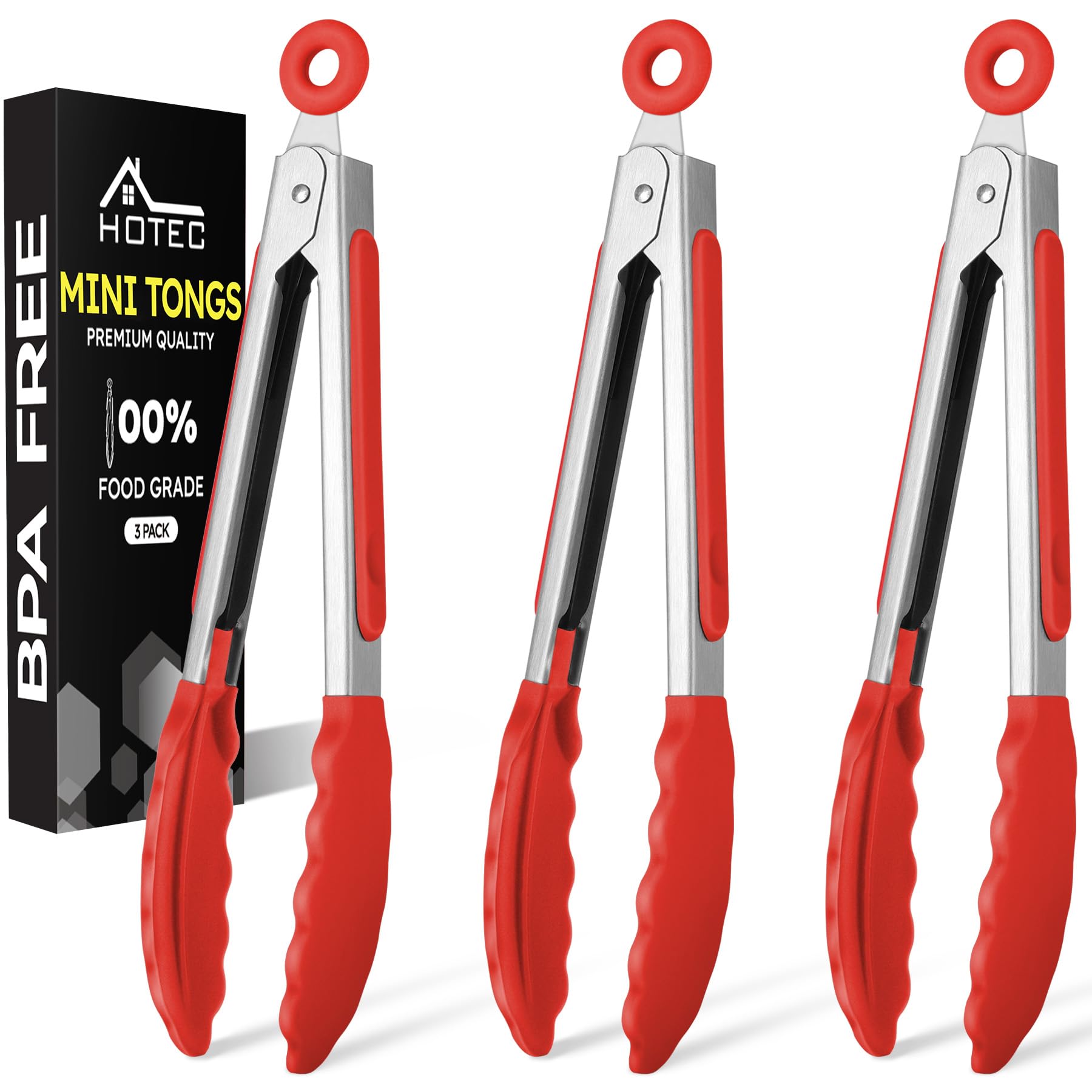 Pinzas HOTEC de silicona de 7 pulgadas rojas para servir ensaladas con precisión.