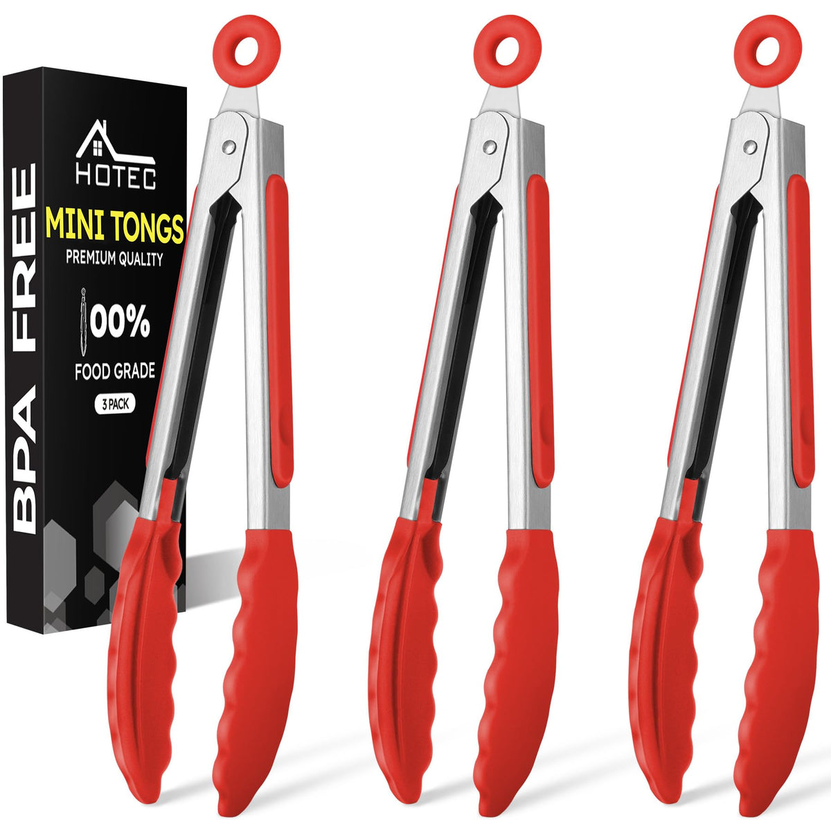 Pinzas HOTEC de silicona de 7 pulgadas rojas para servir ensaladas con precisión.