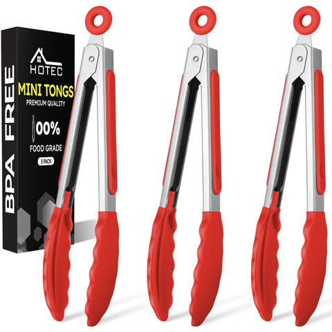 Pinzas HOTEC de silicona de 7 pulgadas rojas para servir ensaladas con precisión.