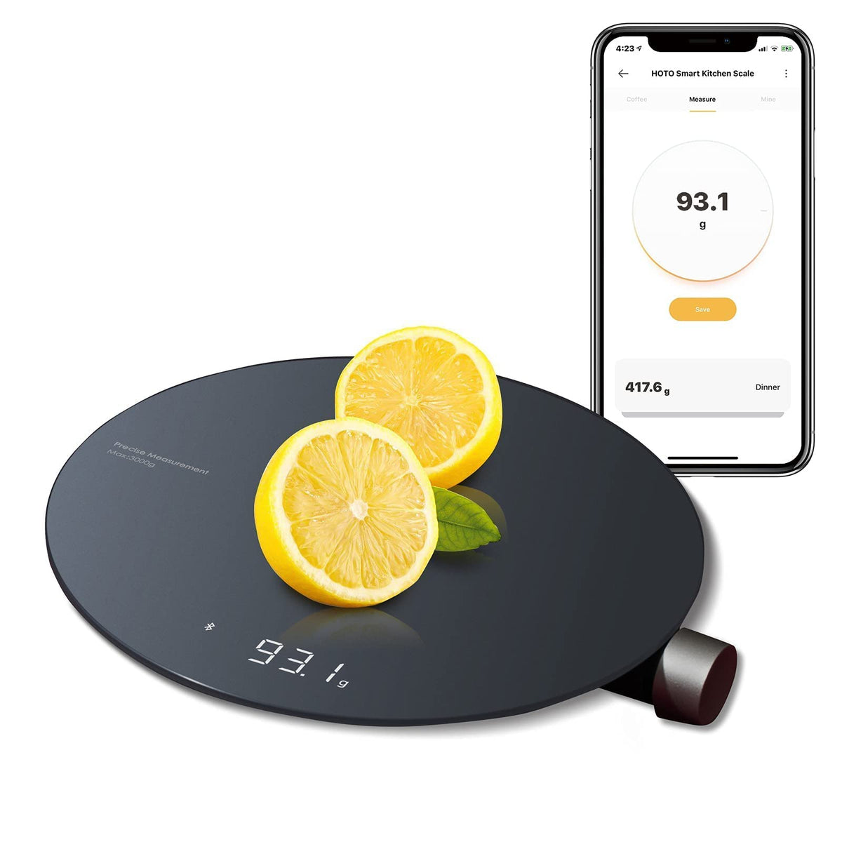 HOTO escala de cocina con pantalla LED clara para lectura rápida.