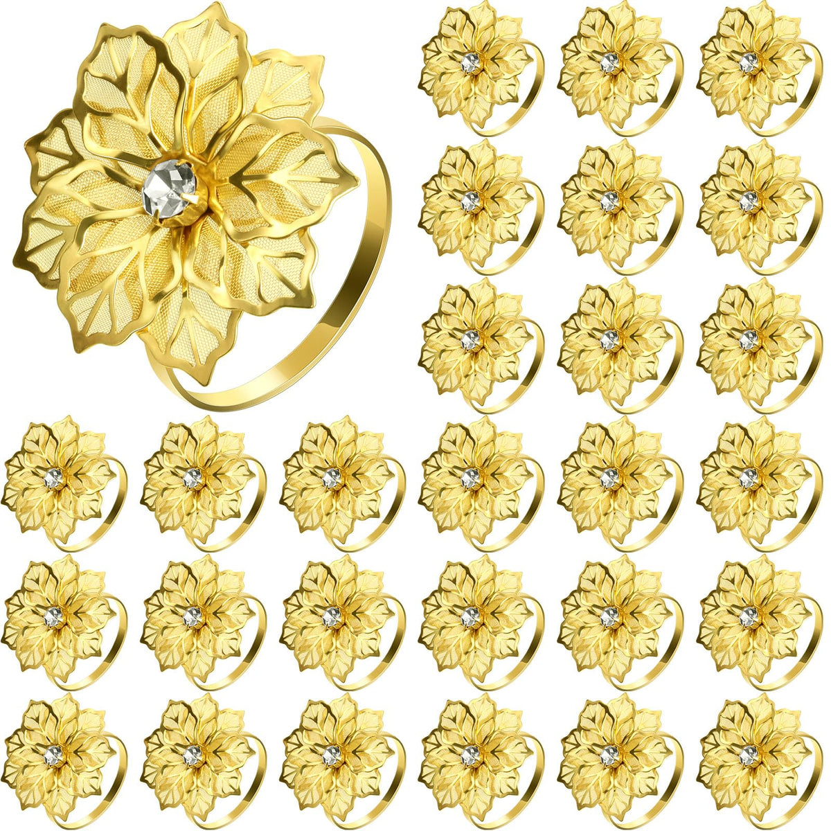 Hotop anillo para servilleta dorado con flor hueca, ideal para decoración navideña.