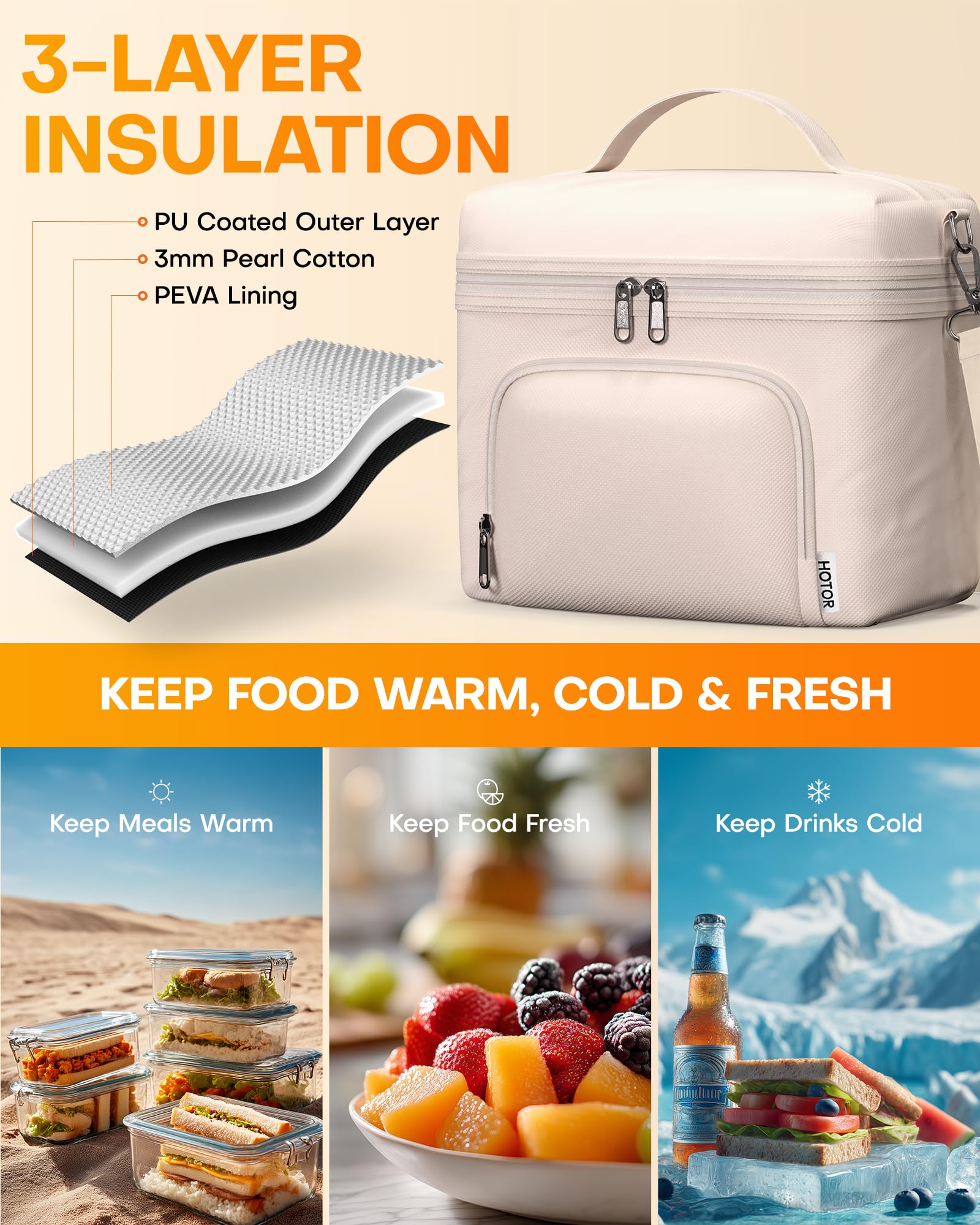 Interior aislante de 3 capas de la HOTOR, mantiene la comida a temperatura adecuada.