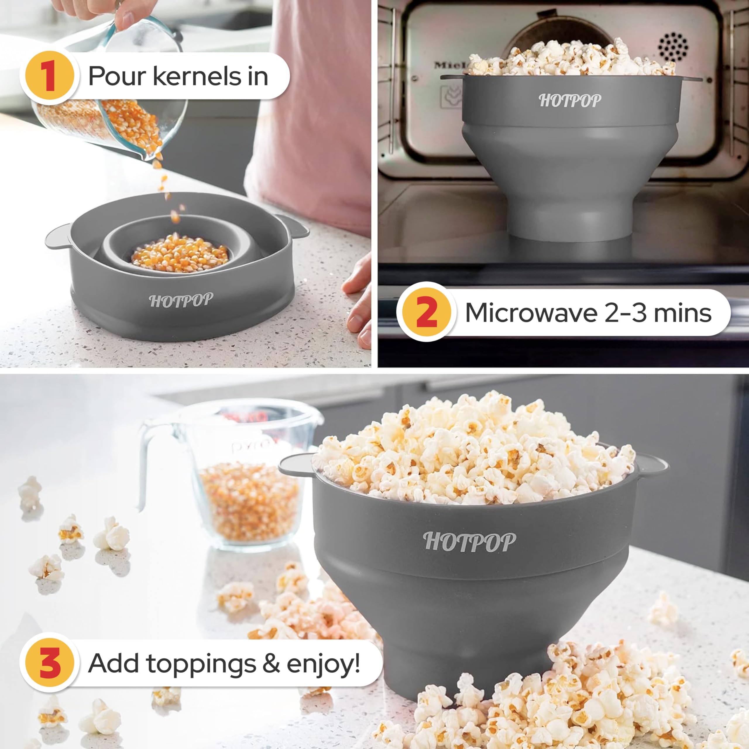 Hotpop diseño plegable palomitas facilita almacenamiento compacto y ahorro de espacio.