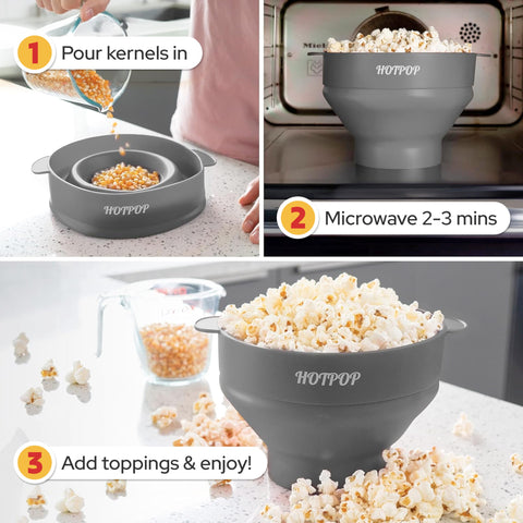 Hotpop diseño plegable palomitas facilita almacenamiento compacto y ahorro de espacio.