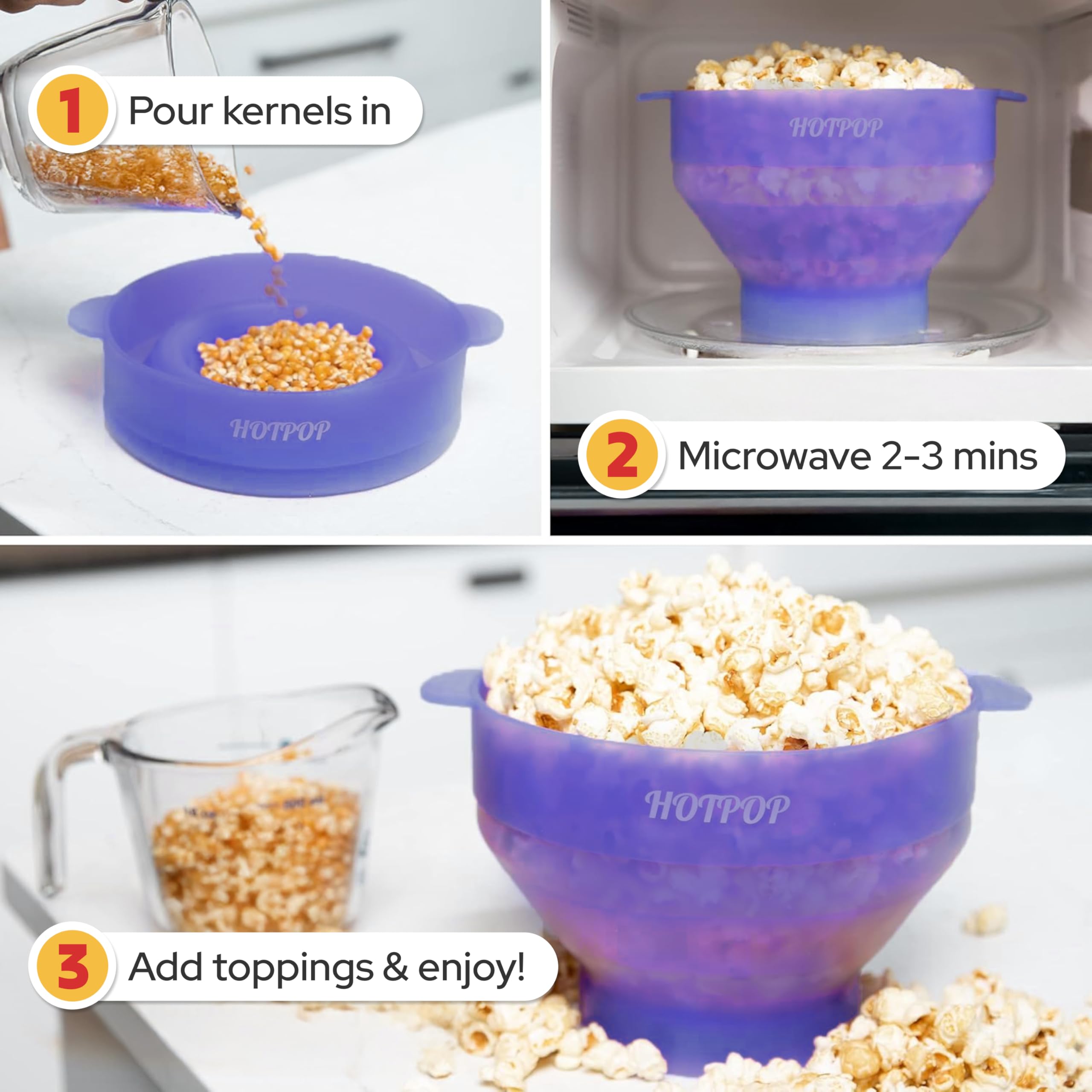 Hotpop tapa con manos integradas facilita ver y mover las palomitas.