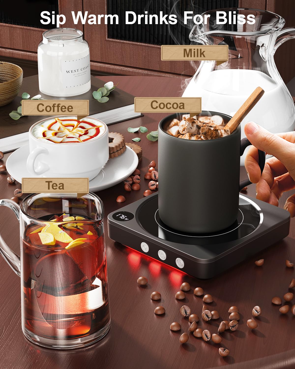 House Gem Mug Warmer, detalle de taza en la placa caliente.