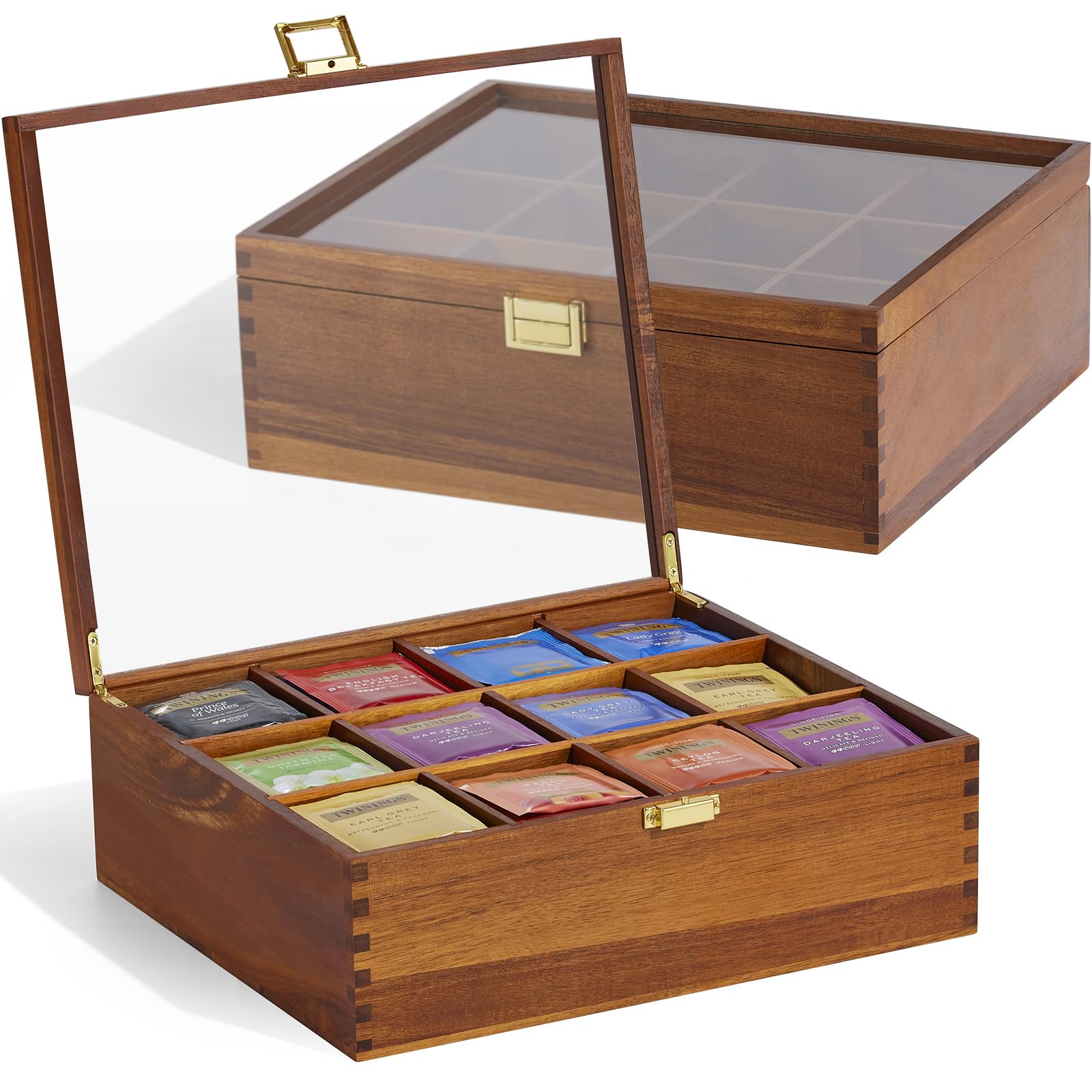 HouseJoy organizador de té en madera de acacia con tapa de vidrio para ver rápidamente las bolsitas.