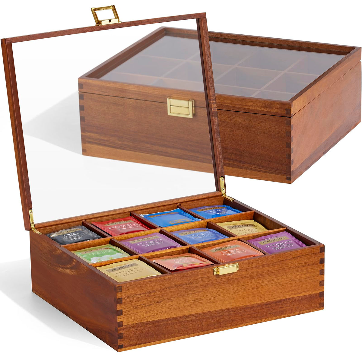 HouseJoy organizador de té en madera de acacia con tapa de vidrio para ver rápidamente las bolsitas.