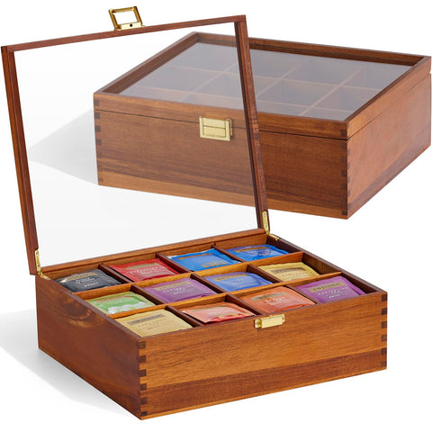 HouseJoy organizador de té en madera de acacia con tapa de vidrio para ver rápidamente las bolsitas.