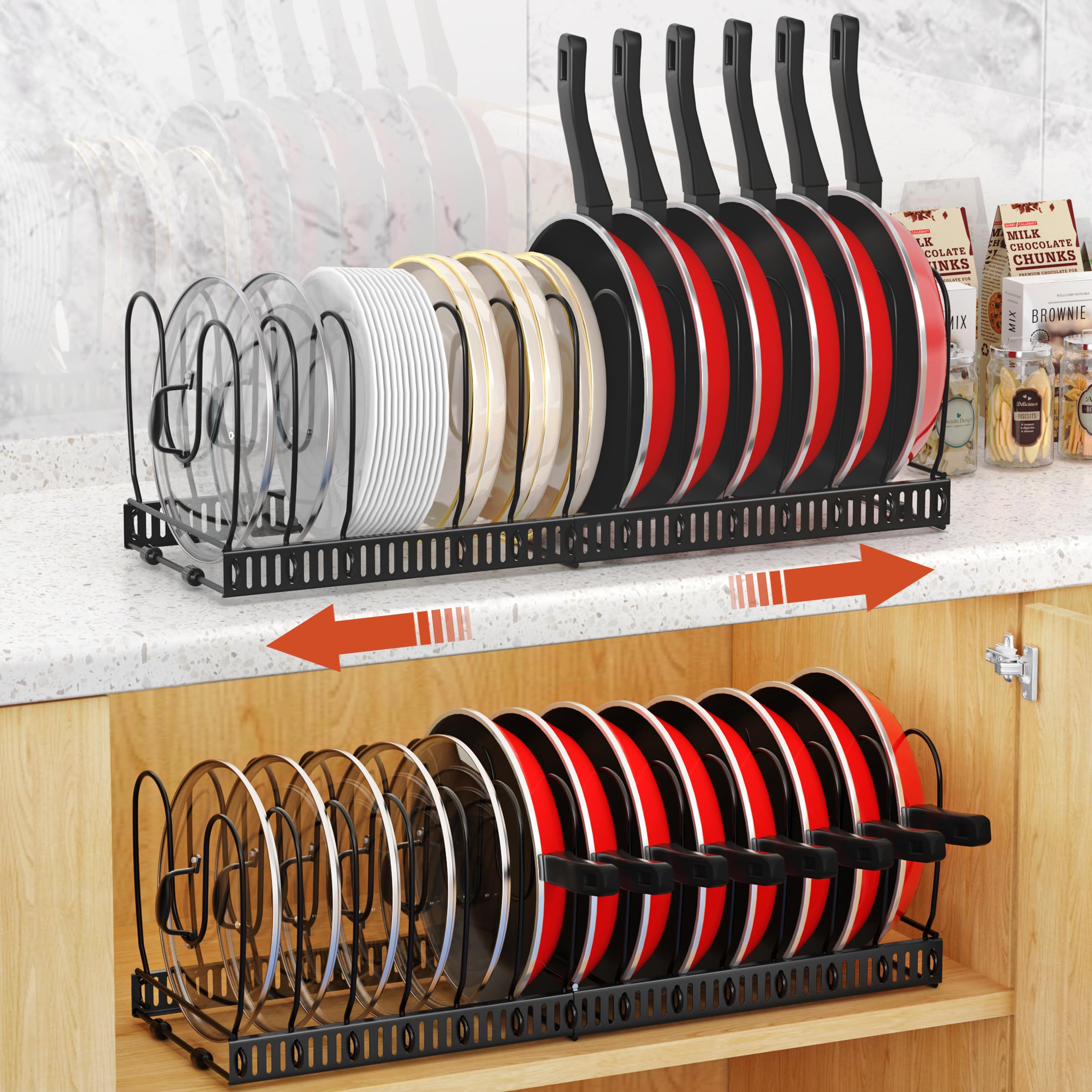 Housolution: organizador expandible para tapas y sartenes, ahorro de espacio.