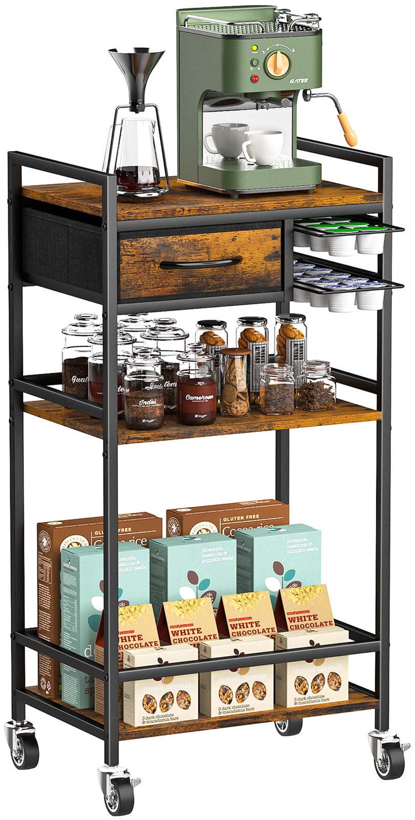 Housolution barra cafe 4 estantes con ruedas, almacenamiento estable para cafetera y utensilios.