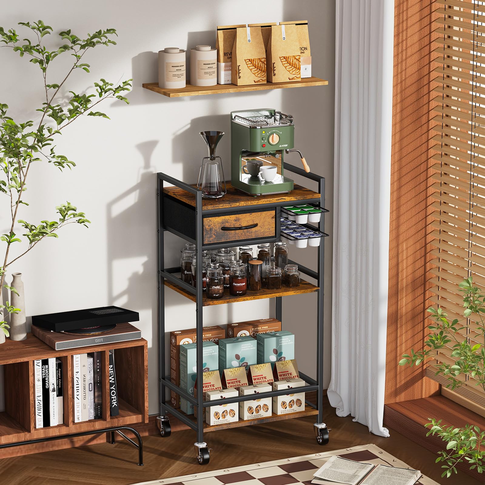 Housolution estante cafe madera rustico, soporte para tazas y granos.