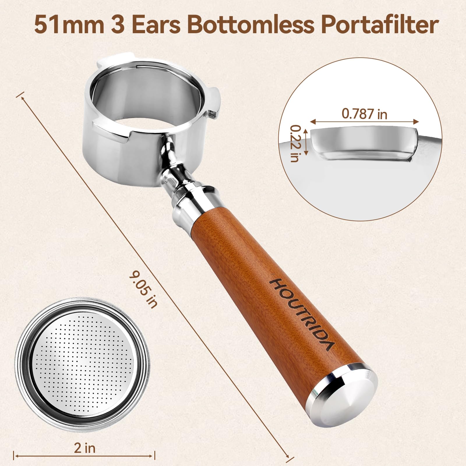 Cuerpo de acero inoxidable 304 del portafiltro HOUTRIDA para durabilidad y limpieza.