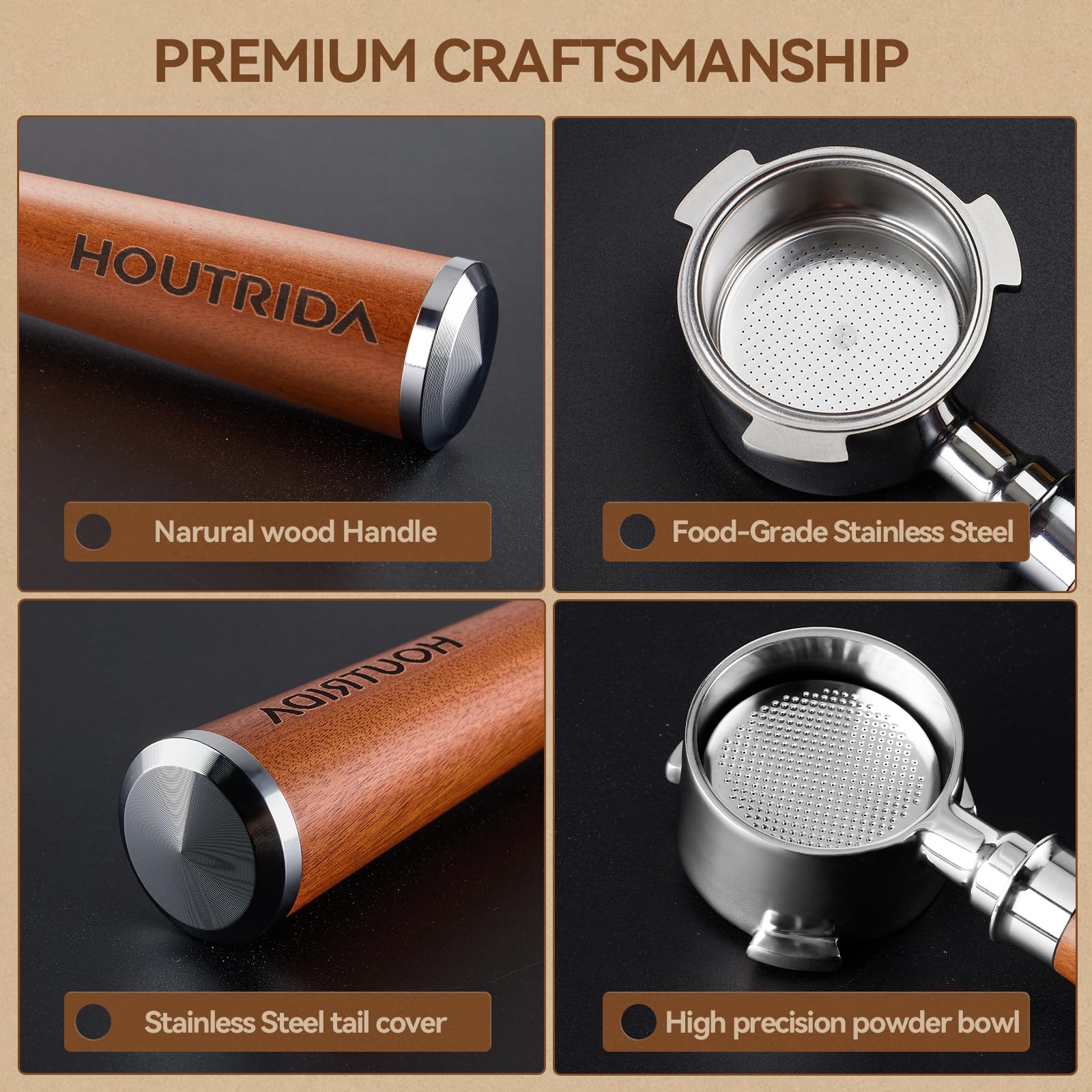 Portafiltro HOUTRIDA con cesta 14-16 g para dosis consistentes.